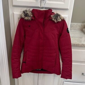 Women’s Red ski Jacket with Faux Fur Hood